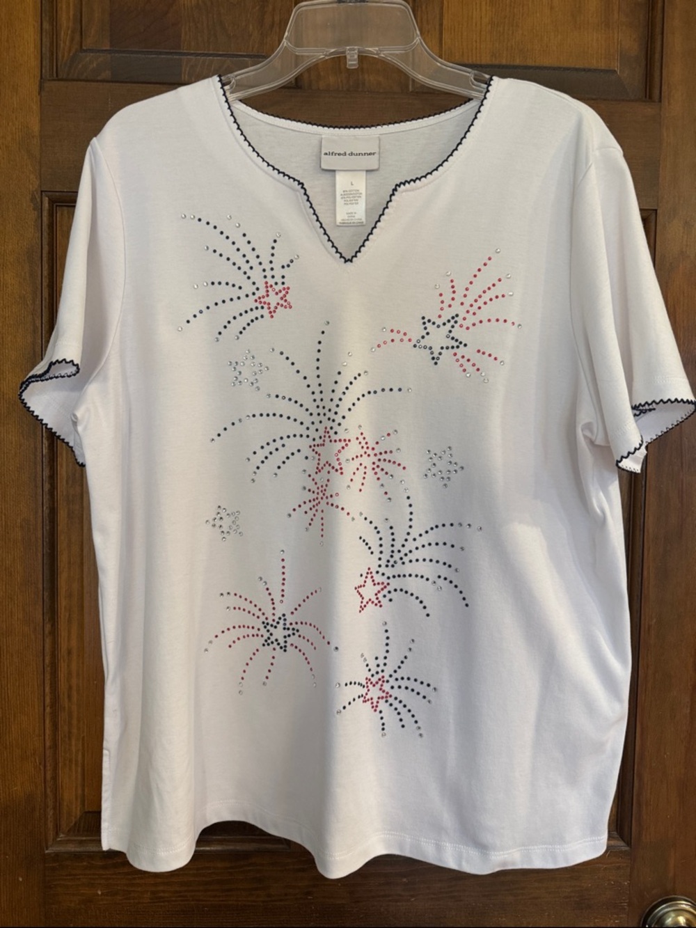 Alfred Dunner White Tee with Red, Navy, and Silver Rhinestone Fireworks, Sz L